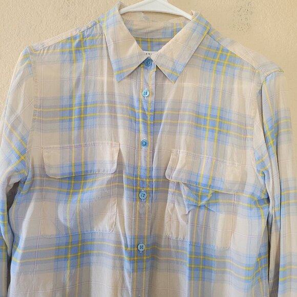 Equipment Femme Blouse Small Button Up Plaid Blue Silk Long Sleeve Preppy Office - Picture 6 of 8